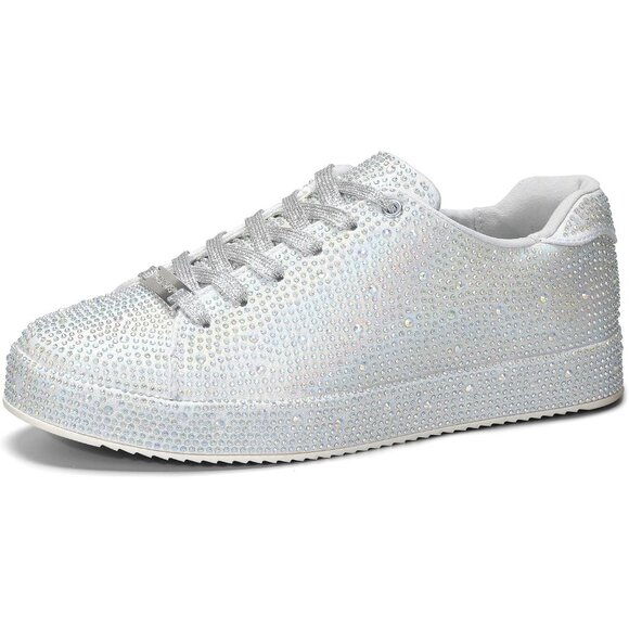 Lucky Step Silver Rhinestone Pewter Bridal Bling Glitter Bedazzled Shiny Sneaker - Picture 1 of 9